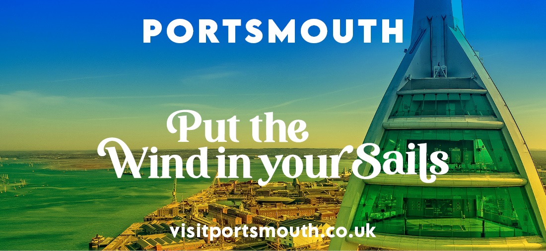 Photograph taken from the air of the Spinnaker Tower view decks, , overlaid with the text Portsmouth: Put the Wind in Your Sails